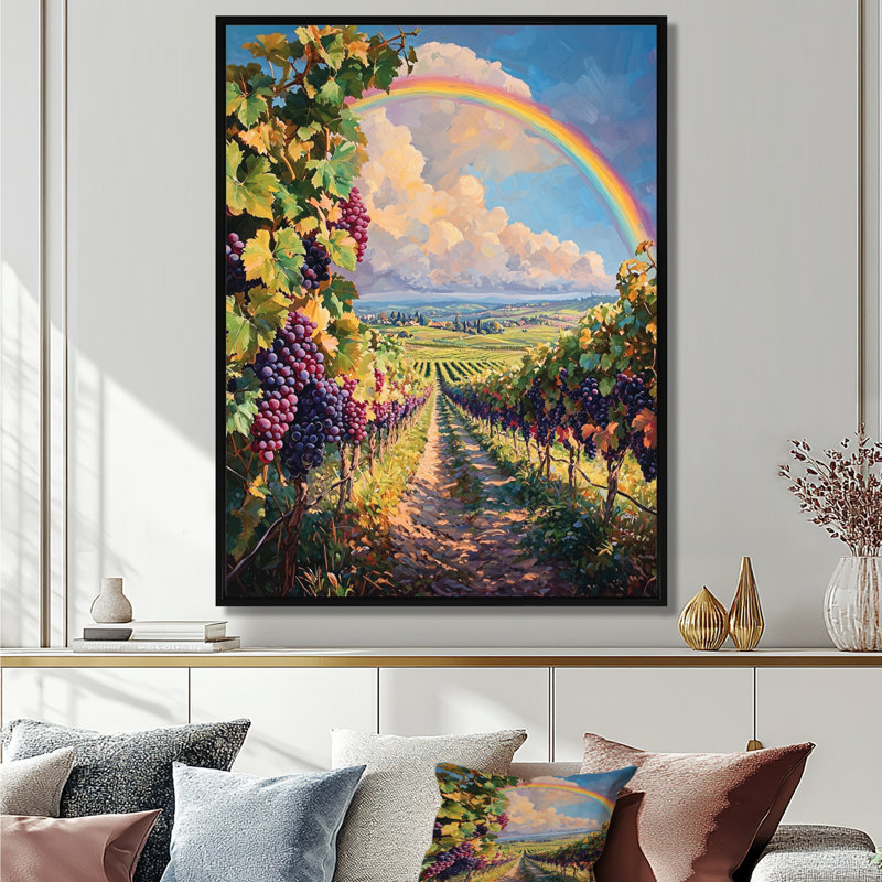 Rainbow Over The Vineyard - Rainbow, reproduction d'art sur toile encadrée, Noir, Reproduction avec cadre flottant