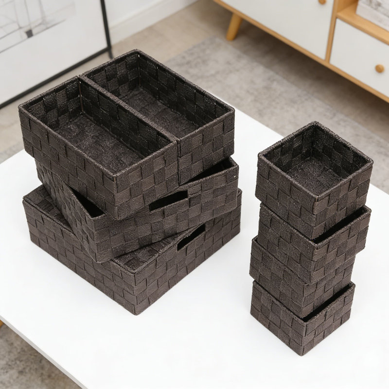 Stackable Woven Storage Bins With Lids And Metal Frame - Set Of Polypropylene Organizer Baskets For Closet, Shelf, Drawer, Nursery And Office Organization