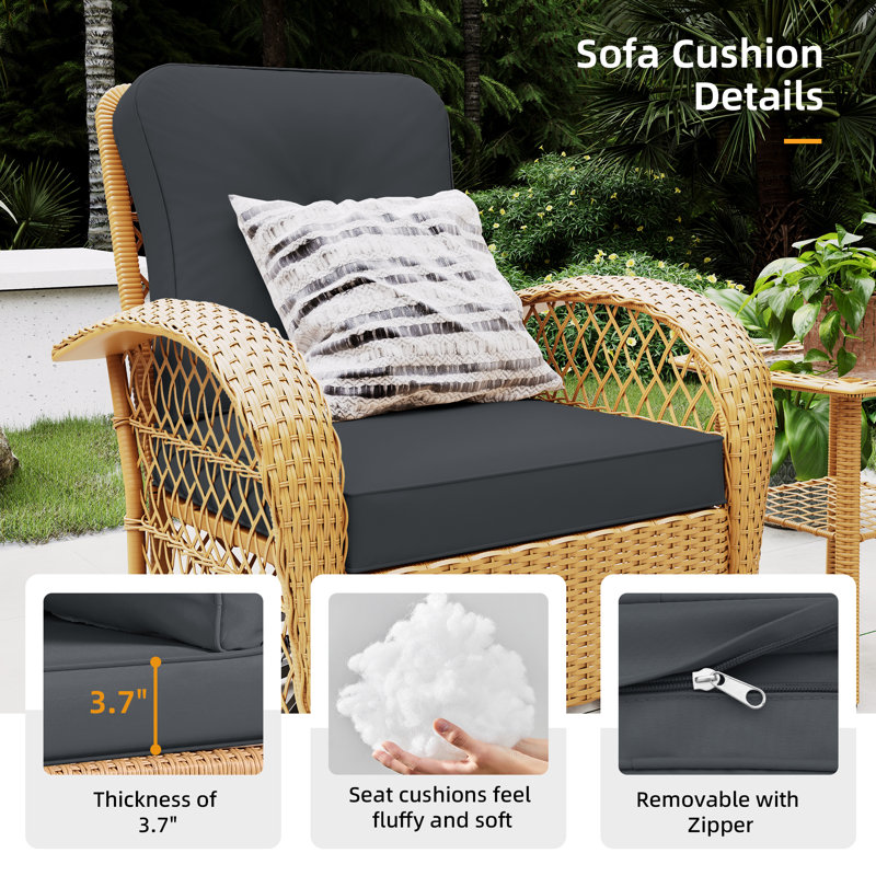 Ensemble de conversation en rotin 2 pièces avec coussins et table d'appoint, Gris, Jaune