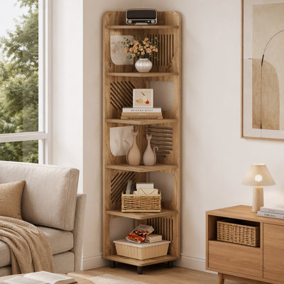 Étagère d'angle étroite 71 po avec 5 niveaux, bibliothèque rétro brune et support de rangement pour la chambre à coucher, le bureau, le salon et le vestibule