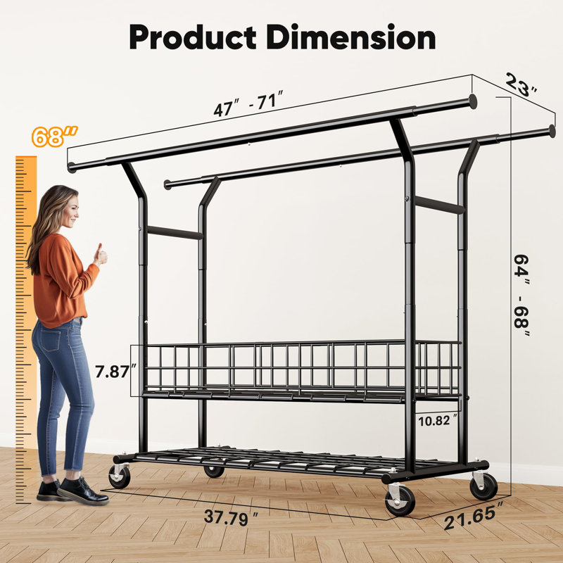  Portant à vêtements double robuste 625 lb avec tablettes et panier en métal Porte-vêtements sur roulettes, Noir