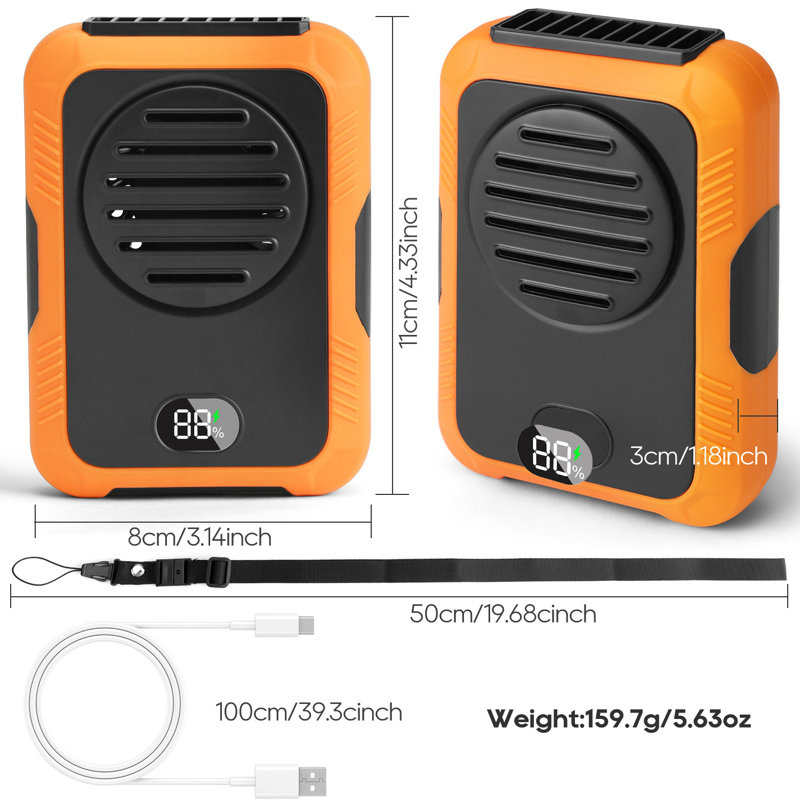 Portable Waist Fan with Digital Display 3 Speeds USB Rechargeable Clip On Fan, Orange
