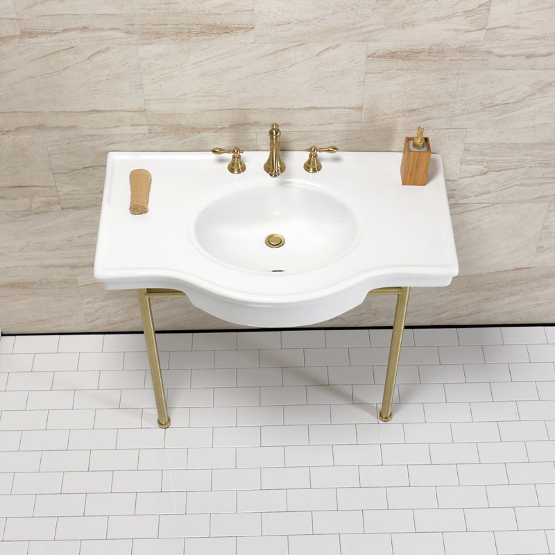 Ceramic Rectangular Console Bathroom Sink with Overflow, White/Brushed Brass