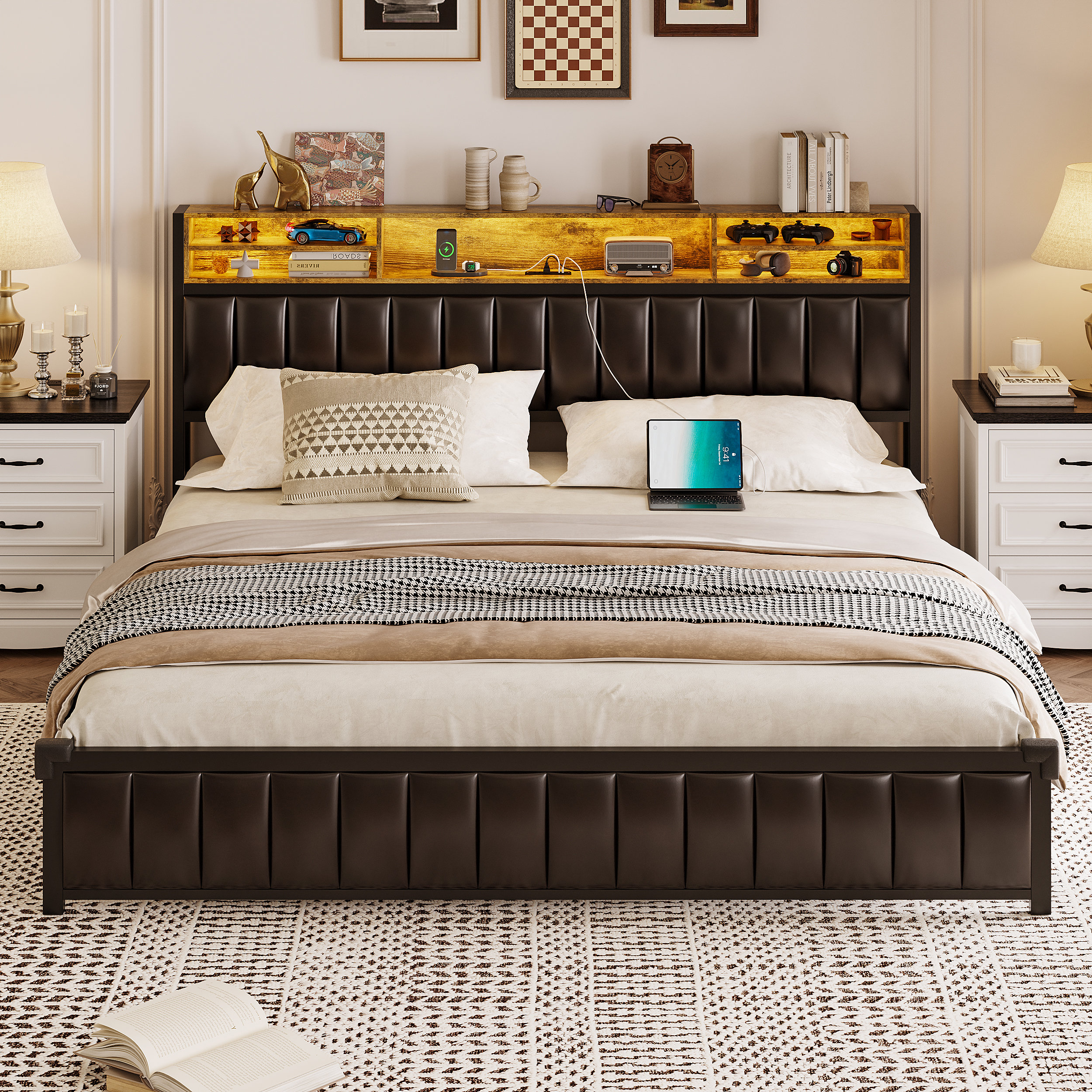 Ivy Bronx King Size Bed Frame with 4 Drawers and Storage Headboard, LED ...