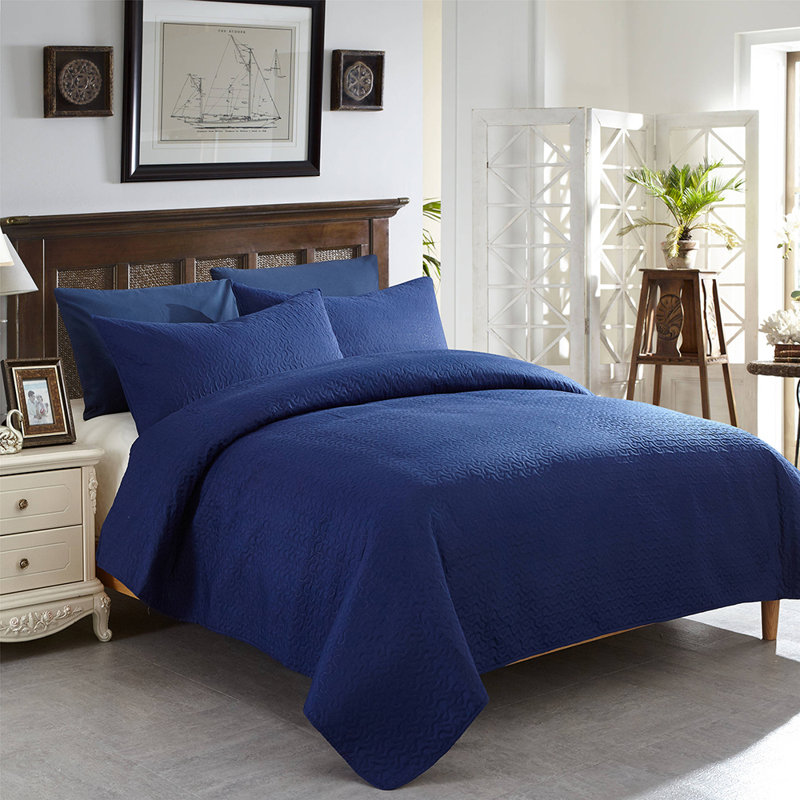 Ensemble de courtepointe en microfibre 3 pièces QSM02, Courtepointe très grand et 2 très grandes taies, Bleu marine