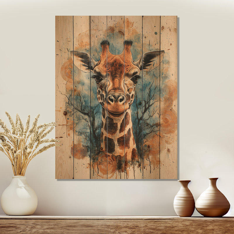 Décoration murale girafe silencieuse en paysage africain III - Girafe en bois, H 44 po x l 34 po x P 0,78 po