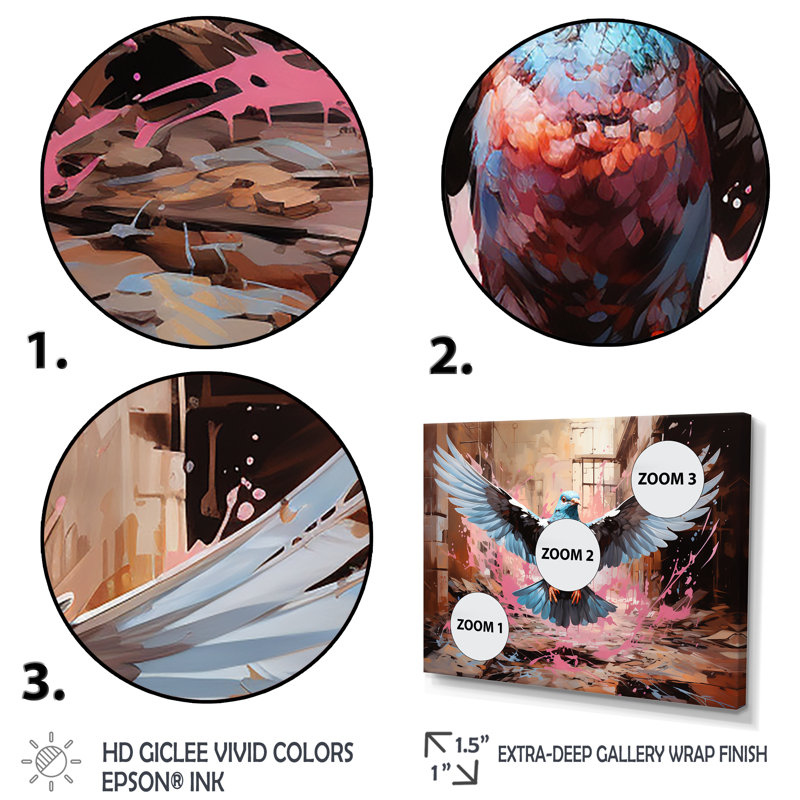 Pigeon bleu et rose en vol - Art mural animal pigeon, Cadre doré à coins fermés, H 30 po x l 40 po x P 1,5 po