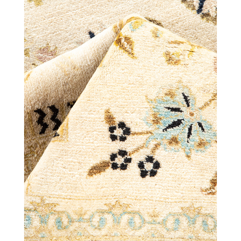 Tapis ivoire / bleu marine noué à la main de conception unique 9 pi 1 po x 11 pi 7 po Keller