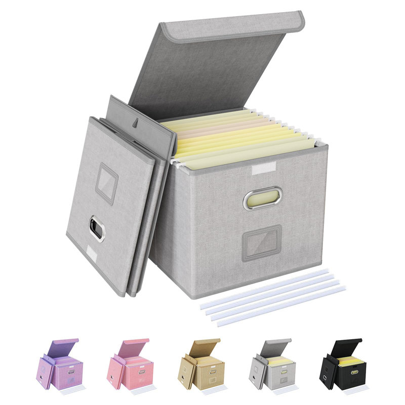 2 Pack File Organizer Box,File Box,Small File Cabinet For Letter Folders,Grey-White Portable Filing Box,Hanging File Folder Organizer Box With Lid For Office- Without Folders