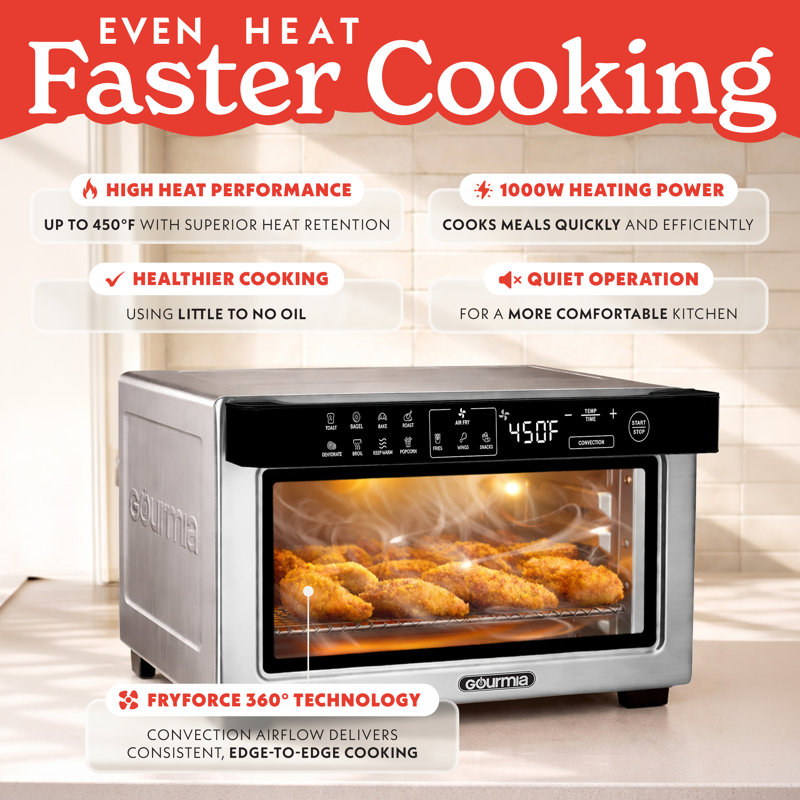 Gourmia Digital Air Fryer Oven With Convection Mode, 12 Presets, Fits 9” Pizza, Stainless Steel, Stainless Steel
