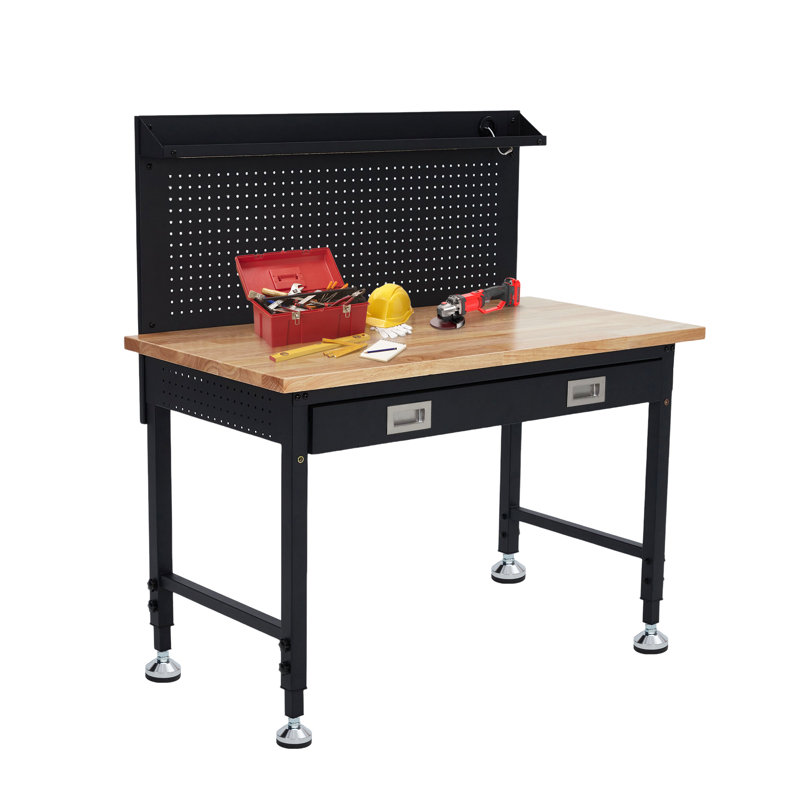 Workbench Adjustable Work Bench, Workbench for Garage Heavy Duty Workstation with 4 Lockable Wheels 2000 LBS Capacity Multipurpose Rubber Wood Shop Table with Power Outlets Hardwood Workbench