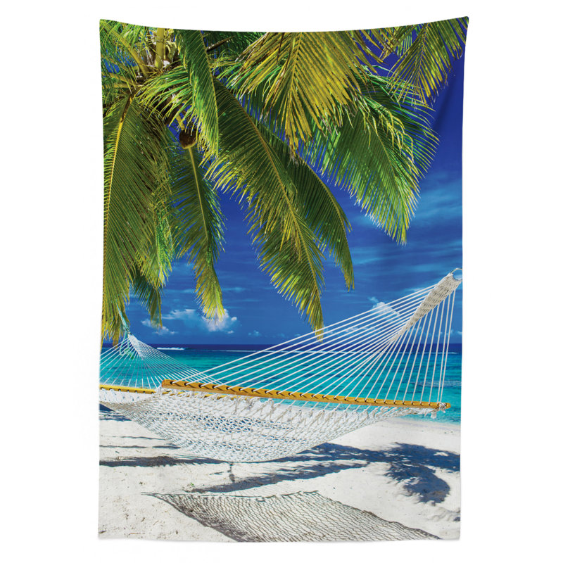 Hammock On The Sandy Beach Between Palm Coconut Overlooking Sea Nature Art Tablecloth, 70" x 52"