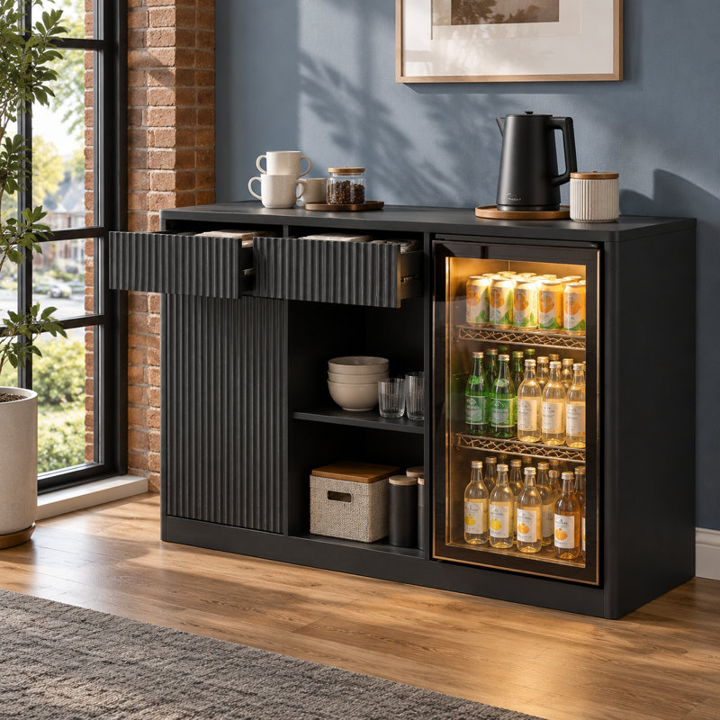 Modern Fluted Design with Built In Power Hub Freestanding Bar Cabinet for Dining Room and Kitchen, 51, Noir