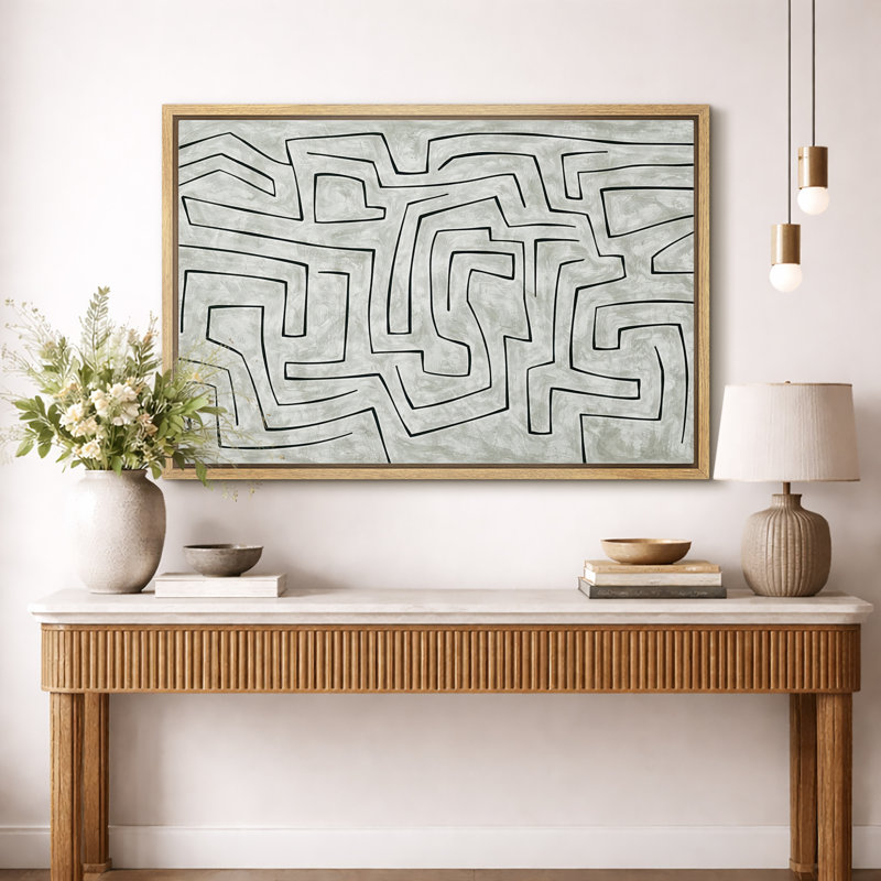 Abstrait ligne noire labyrinthe minimaliste, images de salon moderne, impression sur toile encadrée, Cadre naturel