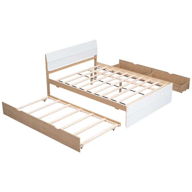 Structure de lit double avec lit gigogne simple et 2 tiroirs de rangement pratiques en chêne blanc ultrabrillant de couleur moderne. Matériaux pour la durabilité. Conception de l'espace. Assemblage facile
