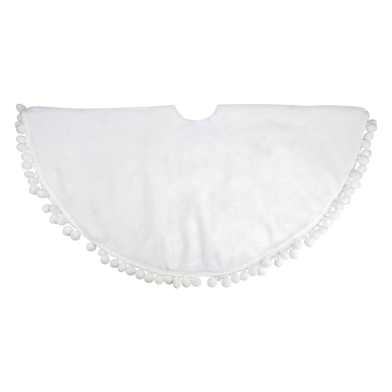 White Fabric Christmas Tree Skirt with Pom Pom Border