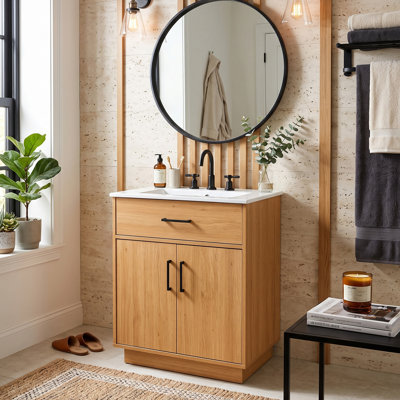 Meuble-lavabo moderne de 61 cm (24 po) avec lavabo en céramique, armoire de rangement multizone avec étagères de porte et tiroir rabattable, MDF (bois naturel)
