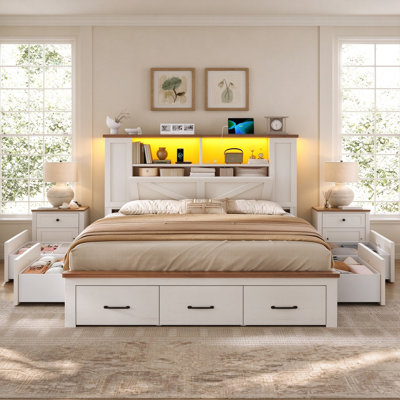 Wood Full Bed Frame with Storage Bookcase Headboard & Side Shelves, LED Lights & Charging Station, Farmhouse Metal Platform Bed with 7 Footboard Drawers, White Brown