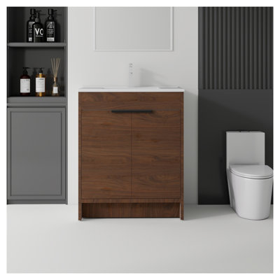 Meuble-lavabo autoportant de 91 cm (36 po) avec lavabo en céramique et tiroir à fermeture douce, couleur marron