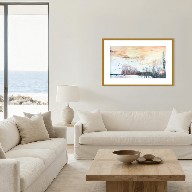 Nature Inspired Winters Flight by  - Picture Frame Painting, 32" H x 48" W x 1.125" D, Framed Matted Print, Gold