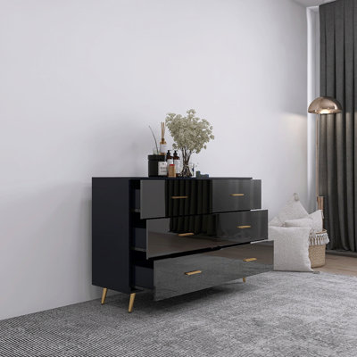 High Glossy Surface 6 Drawers Chest Of Drawer With Golden Handle And Golden Steel Legs Black Color Vanity