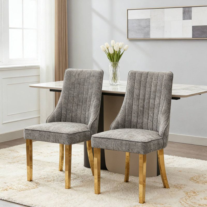 Ensemble de 2 chaises de salle à manger Grayaccent en rayonne de chenille avec pieds en acier inoxydable doré, Gris, Doré