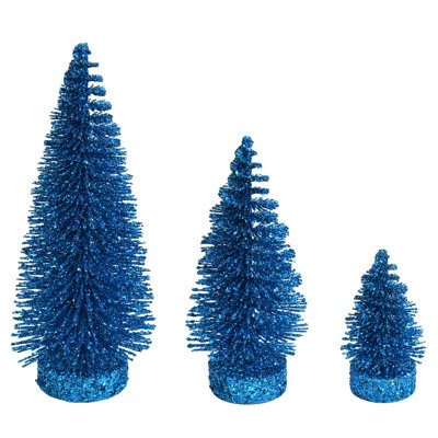 3"-5"-7" Turquoise Glitter Oval Pine Artificial Christmas Tree, Set of 3