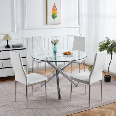 Ensemble de salle à manger 1 + 4,5 pièces, table de salle à manger à pieds en métal Mid-Century pour 4-6 personnes avec plateau en verre, table de salle à manger à piédestal, table basse de loisirs