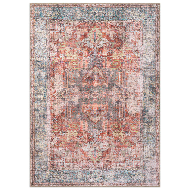 Labarbera Oriental Machine Washable Red/Blue Non-Slip Backing Area Rug
