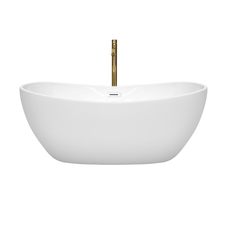Rebecca 60'' x 32'' Soaking Acrylic Bathtub with Faucet, White/Shiny White/Brushed Gold