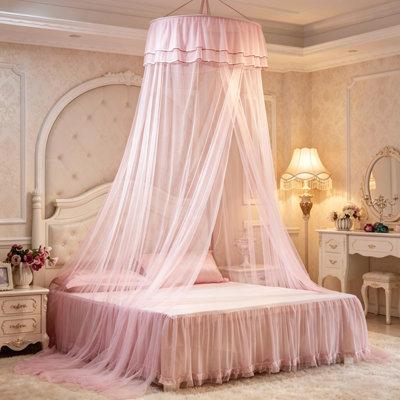 Auvent de lit Dome Princess avec double garniture en dentelle, filet respirant en filet de polyester respirant, conception de cerceau pliable, s'adapte aux grands lits très grands, montage au plafond facile pour une décoration de chambre romantique