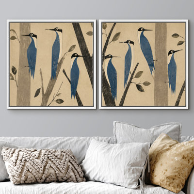 Vintage Blue Birds On Branch Botanical Minimal Set Framed Canvas Master Bedroom Wall Art Work 2 Pieces Print