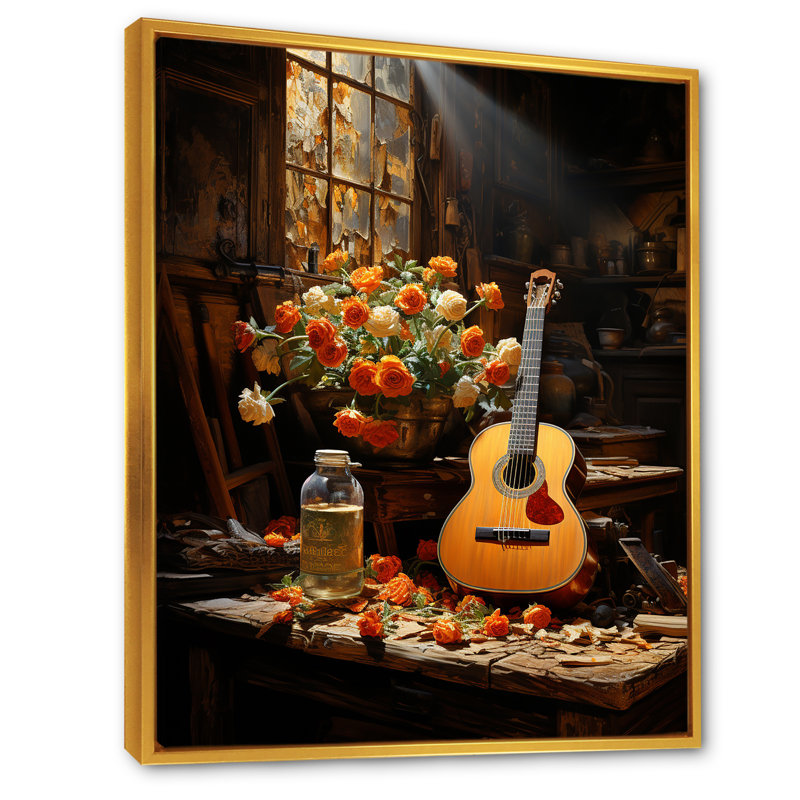 Guitare Country Country en brun rustique, Cadre flottant doré, 40" H x 30" W
