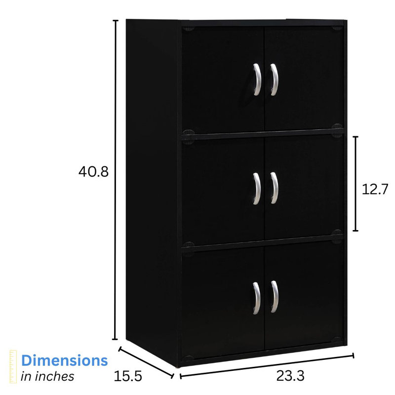6-Doors, 3-Shelf Bookcase 40.8 in. Tall Enclosed Storage 3-Tier Bookshelf for Home or Office, Black