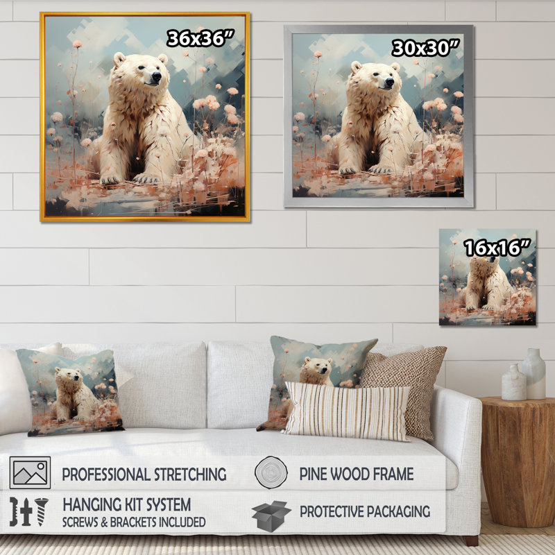 Ours polaire dans une sérénité pastel sur toile, H 24 po x l 24 po x P 1 po, Encadrement doré