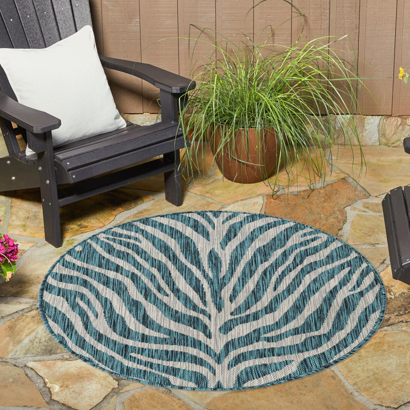Tapis d'extérieur joyeux vert-bleu, Rond 3 pi