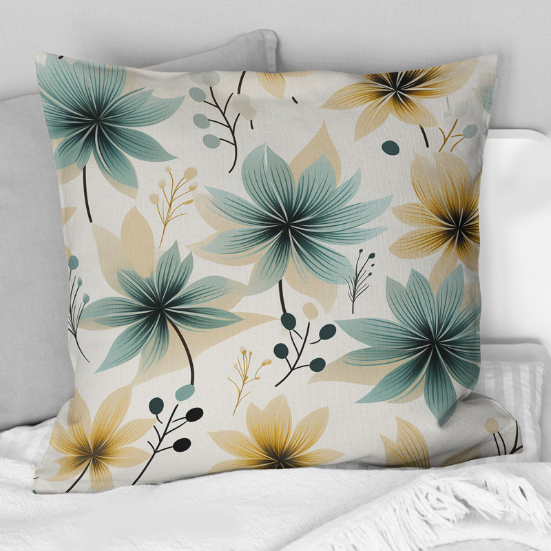 Motif floral élégant bleu sarcelle et beige - Coussin décoratif imprimé floral, H 18 po x l 18 po