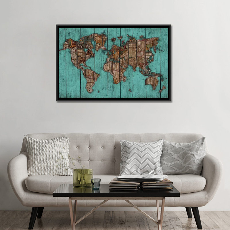Carte en bois, impression sur toile, Toile avec cadre noir, Pas de tapis, H 32 po x l 48 po x P 1,5 po