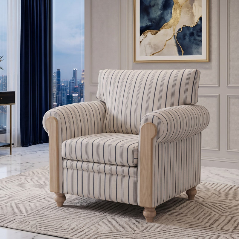 Fauteuil rayé rembourré avec accoudoirs roulés en bois, 37.4
