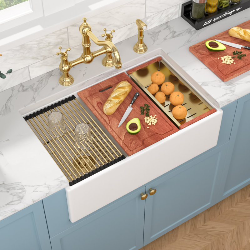 33" L x 20" W 50/50 Double Bowl Ceramic Framhouse/Apron Kitchen Sink Workstaion Sink with Accessories, Brushed Gold