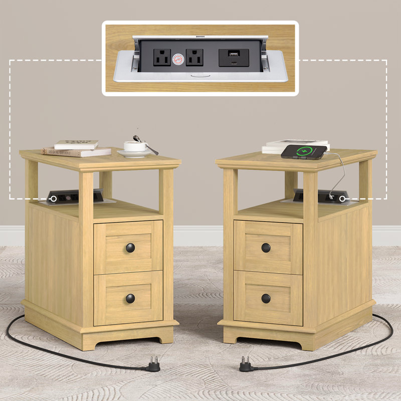 Tables de bout à 2 tiroirs avec rangement et station de charge rapide pour le salon, Cerisier, 2 unités