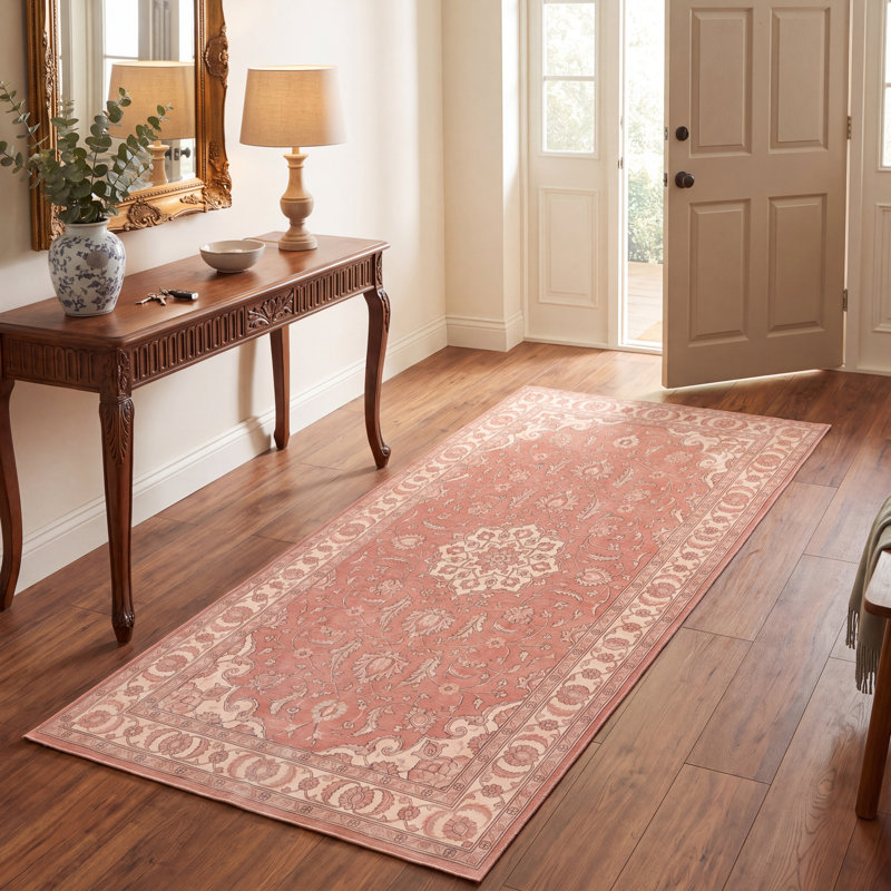 Tapis persan traditionnel avec médaillon délavé, style Harvest, orange, ivoire, or, vert et gris, lavable à la machine, antidérapant, à poils courts, pour l'intérieur et l'extérieur, adapté aux animaux domestiques, idéal pour le salon, la chambre, la salle à manger, l'entrée, le couloir ou le bureau.