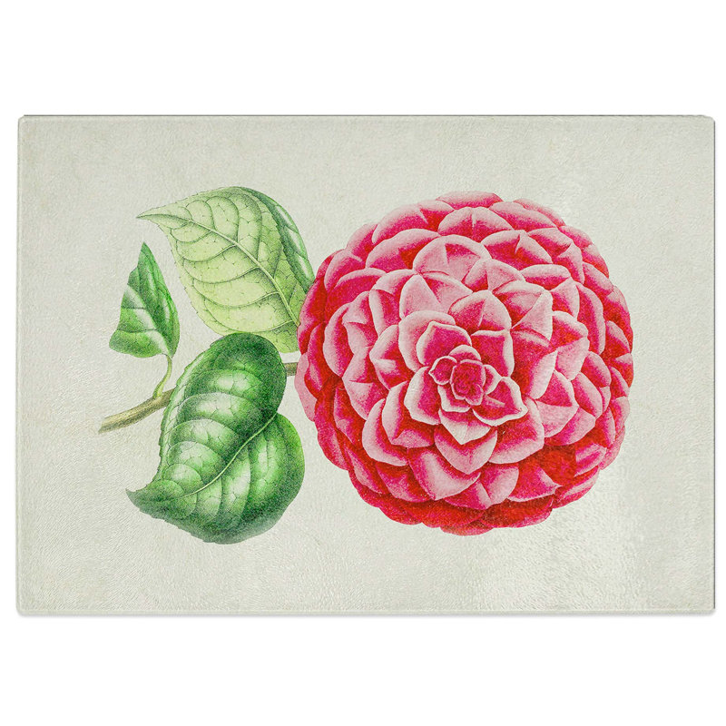 Tempered Glass Camellia Flower Illustration Chopping Board, 39 cm W x 28.5 cm L