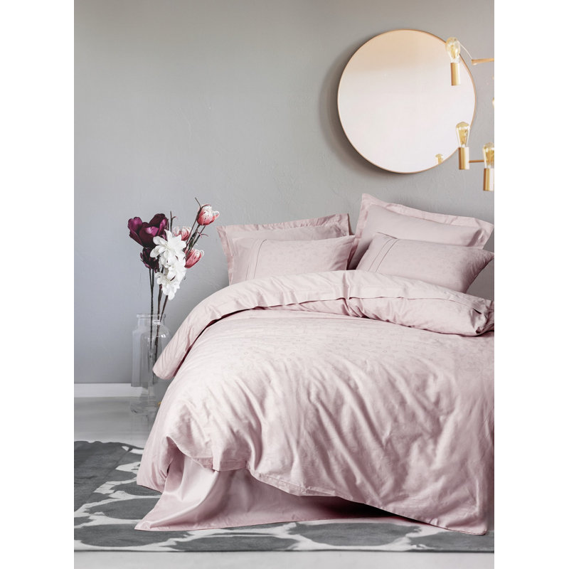Ensemble de housse de courtepointe 100% coton satiné, conception jacquard, couleur poudre | Comprend une housse de couette 79 x 87, un drap plat 94 x 102, 20 x 28 (4 pièces) | Ensemble de literie élégant et luxueux lavable à la machine, à densité de tissage de 211 fils