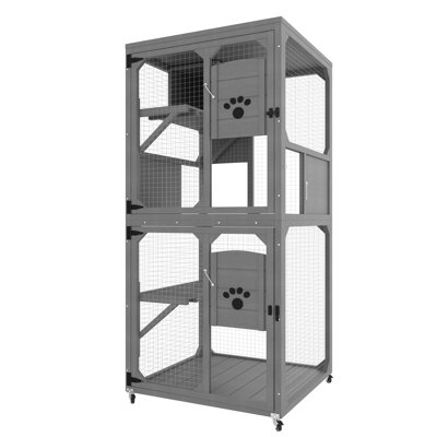 Gray Indoor/outdoor Cat Barrier With 4 , Asphalt Roof And Easy - To Clean Feature Large House Cage Window Connection, Move Wheels