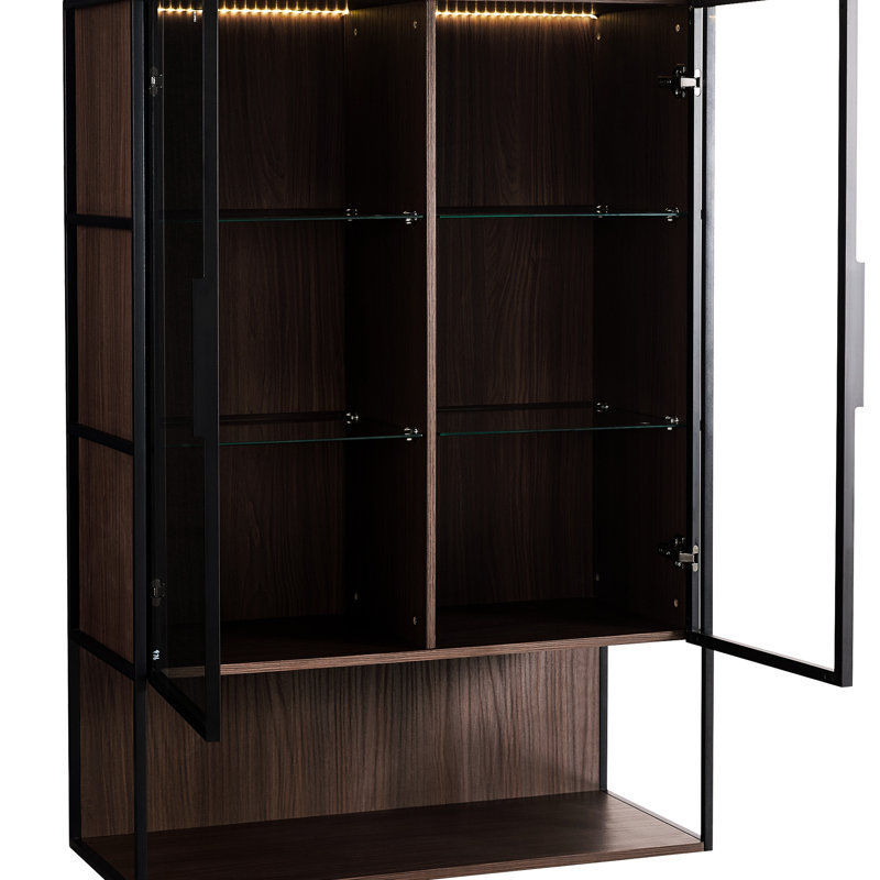 Armoire de bureau moderne et minimaliste avec éclairage à DEL - porte en verre trempé de 51,2 po de hauteur, cadre en métal pour le salon, tablettes et cadre