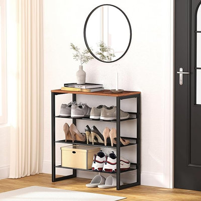 Industrial Shoe Rack - Sturdy Steel Entryway Shoe Organizer With Spacious Top - Strong Mesh Shoe Storage Shelves - Adjustable Shoe Stand For Closet Organization (4-tier)
