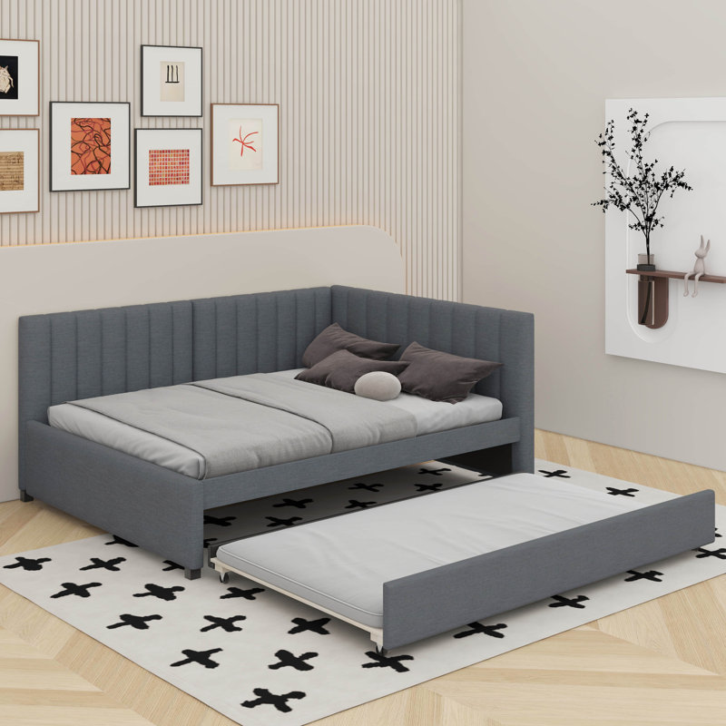 Full Size Upholstered Daybed With Trundle, Gray