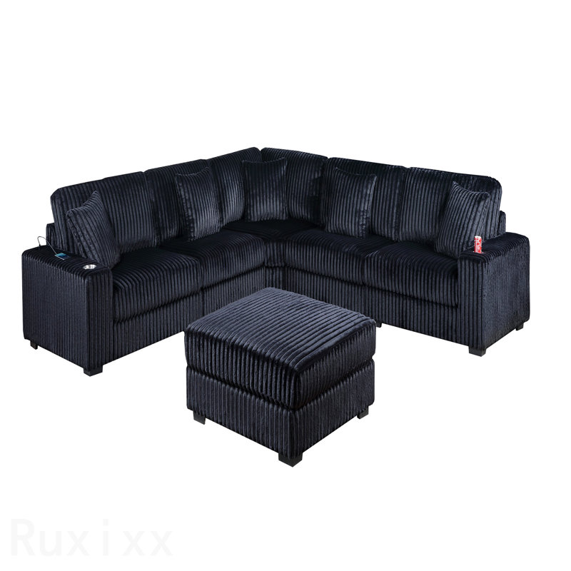 Ensemble de canapé modulaire 6 pièces de style contemporain avec porte-gobelet usb en velours côtelé finition noire
