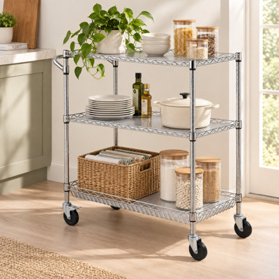 Chariot de cuisine utilitaire à 3 niveaux, capacité de 300 kg, chariot roulant en fil d'acier sur roulettes de 10 cm avec poignée incurvée et 6 crochets